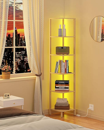 TUTOTAK Corner Shelf with LED Light, 6-Tier Corner Bookshelf for Small Space, Narrow Display Corner Shelf Stand with Storage Rack, for Living Room, Bedroom, Natural BS08BN006L