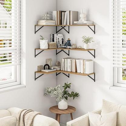 Heimlove Deep Floating Shelves for Wall, 12 Inch Deep Floating Shelves Set of 3, 16W x 12D Wood Wall Shelves, Wide Wood Shelves with Metal Bracket for Living Room, Kitchen, Office, Bedroom - Oak