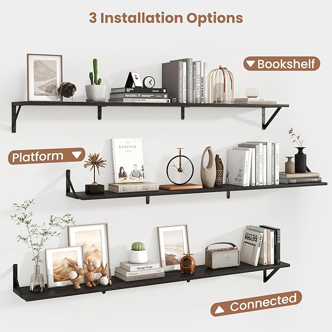 Axeman 55 Inch Floating Shelves | 8 Inch Deep Black Wall Shelves Set of 2 | 55