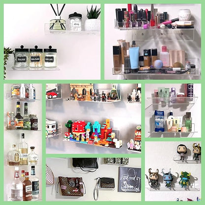 FEMELI 2 PCS 24" Acrylic Floating Shelves, Clear Shelf for Display, Plant, Perfume, Book in Bedroom Living Room Office, 5mm Thick Wall-Mounted Acrylic Shelves for Wall