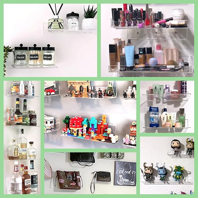 FEMELI 2 PCS 17" Acrylic Floating Shelves, Clear Shelf for Display, Plant, Perfume, Book in Bedroom Living Room Office, 5mm Thick Wall-Mounted Acrylic Shelves for Wall