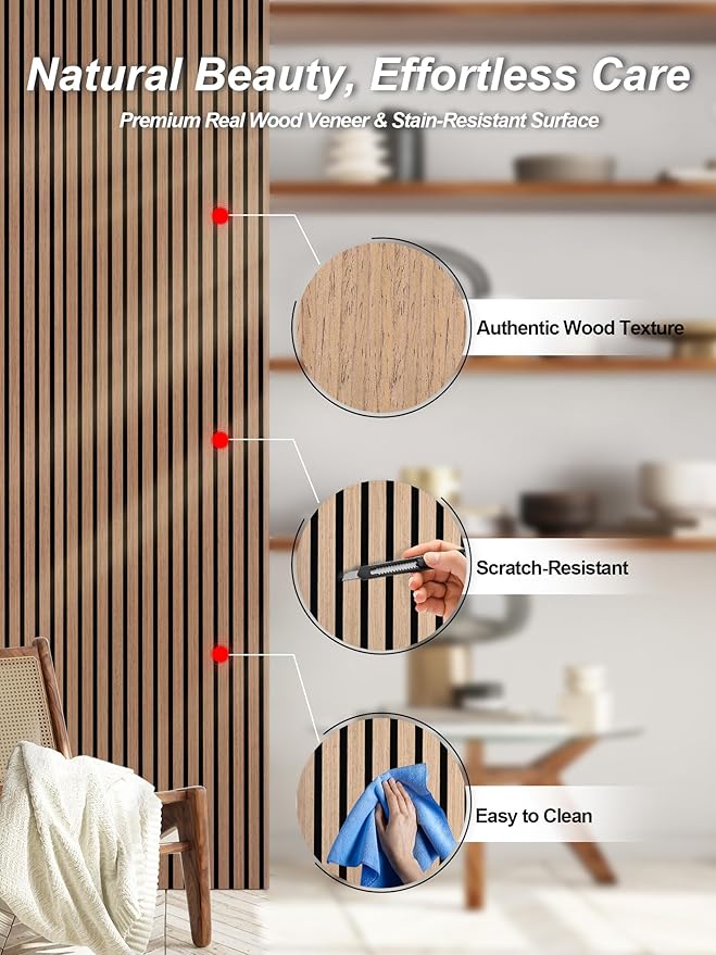 Mollywell Wood Panels for Wall, Time-Saving Installation, Versatile Wood Slat Wall Decor, Enhanced Acoustic & Sound Proof Fluted Design for Home & Office, 2 Pcs Teak, 47.2x23.6 Inch