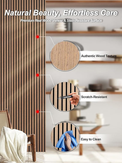 Mollywell Wood Slat Wall Panels - Time-Saving Installation Soundproof Slat Panels on Any Wall Surface, 0.95 NRC Dual-Layer Acoustic Design, Commercial-Grade MDF Core (2 Pack, 108x8in, Teak)
