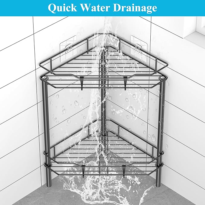 2 Tier Floor Standing Corner Shower Caddy Organizer Shelf with Hooks, Bathroom Shelves Stand Rack, Black