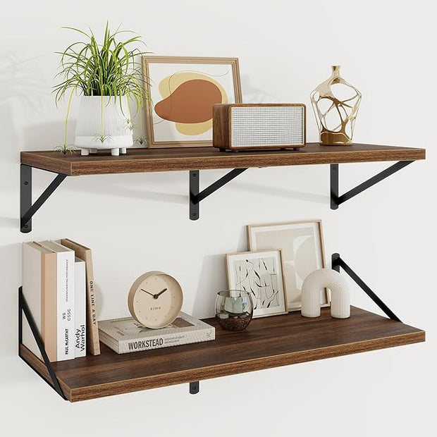 Floating Shelves, 12 Inch Deep Rustic Wood Wall Storage, 36W x 12D Wall Shelves Set of 2, Heavy Duty Metal Brackets, Large Industrial Book Shelf for Living Room, Kitchen, Bedroom, Walnut