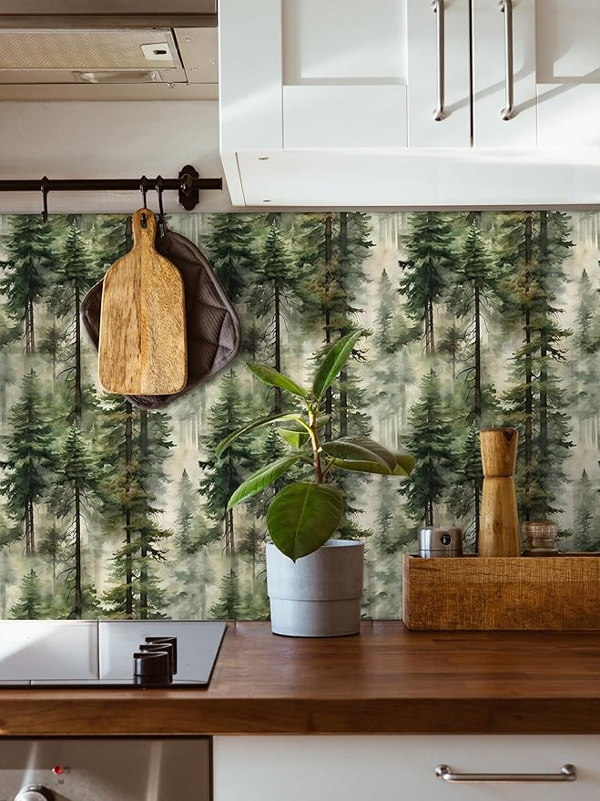 HAOKHOME Forest Peel and Stick Wallpaper Tree Wall Paper Wood Removable for Bedroom Green Contact Paper 17.7in x 32.8ft