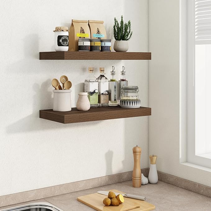 Fun Memories Floating Shelves 24 Inch Long, 9.3 Inch Deep Floating Shelf for Lving Room, Bedoom, Kitchen, Deep Wall Shelves for Bathroom, 2 Pack Storage Display Shelf for Books, Decors, Walnut