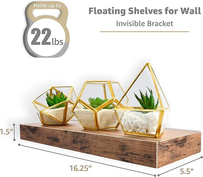 Sorbus Floating Shelves for Wall – 16 Inch Floating Shelf for Kitchen, Bedroom, Living Room, Bathroom, Home & Wall Decor - Mounted Bathroom Shelves with Invisible Brackets (Mahogany, 3 Pack)