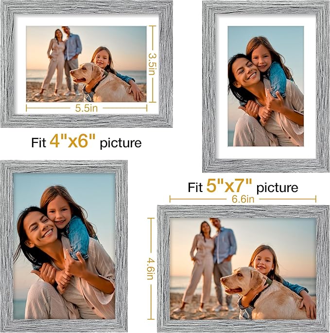 Vittanly 5x7 Picture Frame Set of 4, Display Pictures 4x6 with Mat or 5x7 without Mat, Engineered Wood with Shatter Resistant Plexiglass, Small Photo Frames for Wall or Tabletop Display, Grey