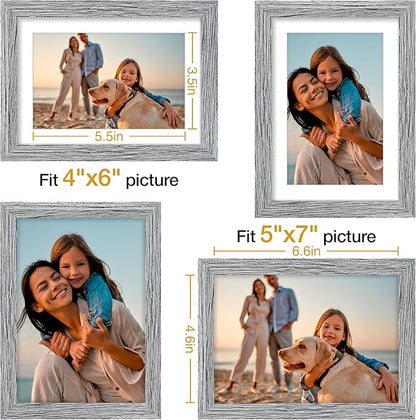 Vittanly 5x7 Picture Frame Set of 4, Display Pictures 4x6 with Mat or 5x7 without Mat, Engineered Wood with Shatter Resistant Plexiglass, Small Photo Frames for Wall or Tabletop Display, Grey