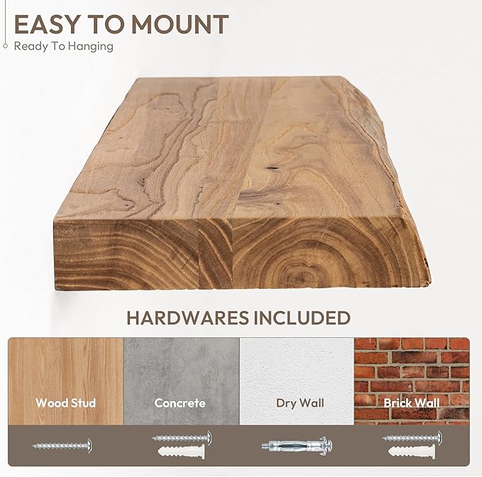 Marsmiles 24 inch Floating Shelves for Wall Elm Wood Live Edge Shelves|Rustic Wall Shelves with Invisible Heavy-Duty Bracket for Bathroom Living Room Kitchen|Natural, 2 Pack
