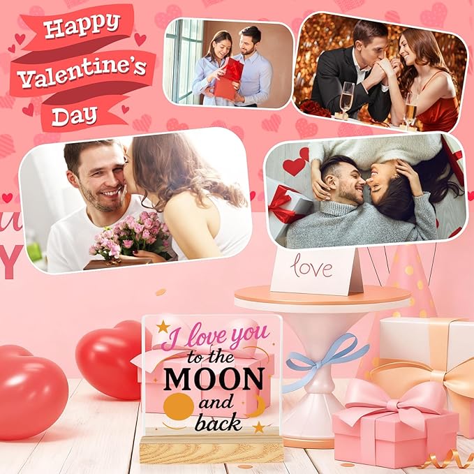 Valentines Desk Decor, Happy Valentine's Day Home Office Table Sign for Porch Tiered Tray Shelf Party, Rustic Romantic Acrylic Gifts Decorations for Him Her Wife,I Love You to The Moon And Back