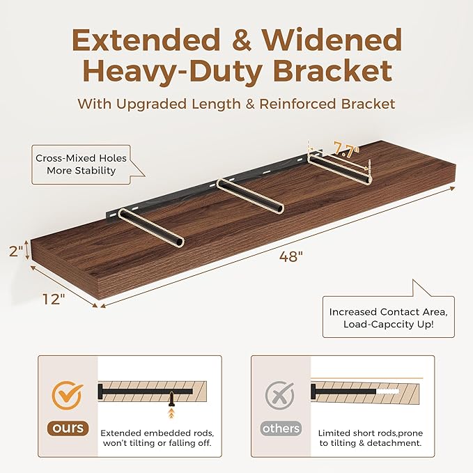 Floating Shelves 48 Inch Long, 12 Inch Deep Floating Shelves for Wall, 48 x 12 Large Wall Shelves for Home Storage & Display, 2