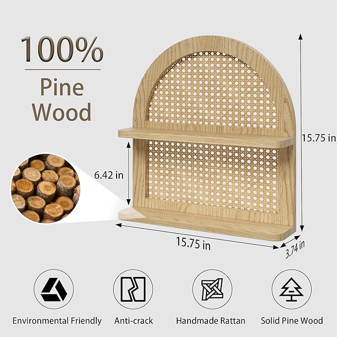 Wood Boho Rattan Wall Shelf - 2-Tier Arched Wicker Floating Shelf Natural Wood New Boho Shelf, Rustic Farmhouse Nursery Decor Shelves Wall Mounted, Neutral Handcrafted (16''l Natural Color)