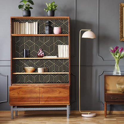 WENMER 17.7" x 118" Geometric Hexagon Peel and Stick Wallpaper - Black and Gold Removable Geometric Contact Paper for Drawer, Shelf, Cabinet, Countertop, Door