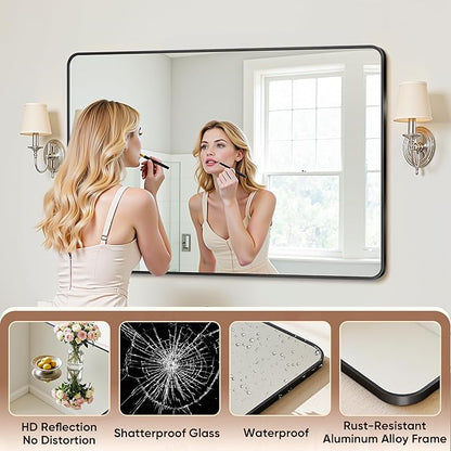 Antok Wall Mirror, 30"x50" Bathroom Vanity Mirror, Anti-Rust HD Tempered Glass, Wall Mounted Mirrors for Living Room, Entryway, Black Frame, Rect
