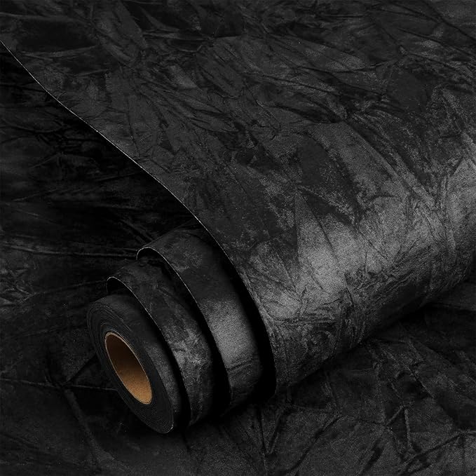 YENHOME Black Velvet Textured Peel and Stick Wallpaper Vintage Crinkle Velvet Fabric Self Adhesive Removable Wall Covering for Bedroom Accent Walls Drawer Liners Dresser Cabinets 17.7