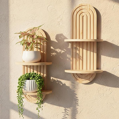 Boho Wall Shelves with Arched Wooden Design, Mid Century Modern Decor Plant Wall Shelf Set of 2, Double Floating Shelves for Home Living Room Bathroom Bedroom, 23.6 x 11.8 Inches (Natural)