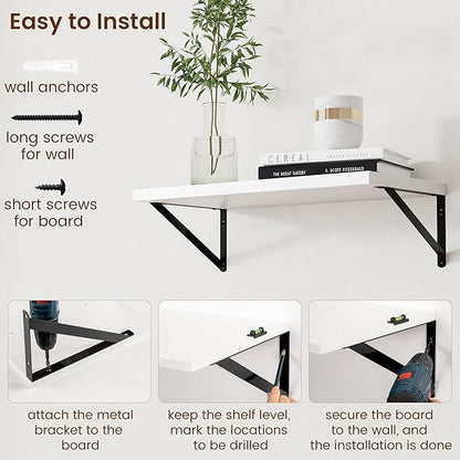 Axeman Floating Shelves for Wall White - 24 Inch Wide x 12 Inch Deep Wall Shelves Set of 2 - White Deep Wood Floating Shelves for Living Room Bedroom Laundry Room
