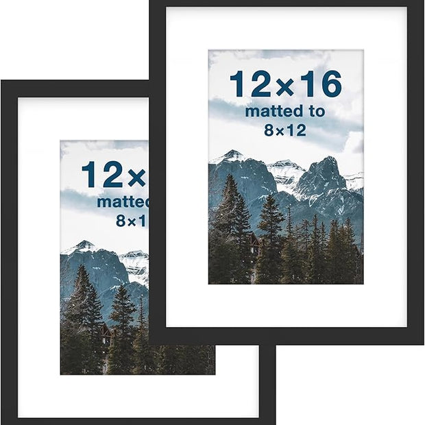 FrameWorks 2-Pack, 12x16 Matted to 8x12 Picture Frame, Black – Classic Wooden Photo Frame with Tempered Glass, Modern Matte Finish for Prints, Posters, Certificates & Wall Decor – Gallery-Ready
