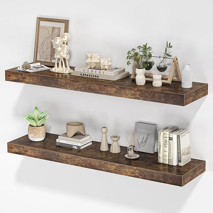 Floating Shelves for Wall, 36"W x 8"D x 1.5"H, Wooden Wall Mounted Display Shelves with Invisible Brackets for Living Room, Bedroom, Bathroom, Kitchen Decor and Storage, Set of 2, Rustic Brown