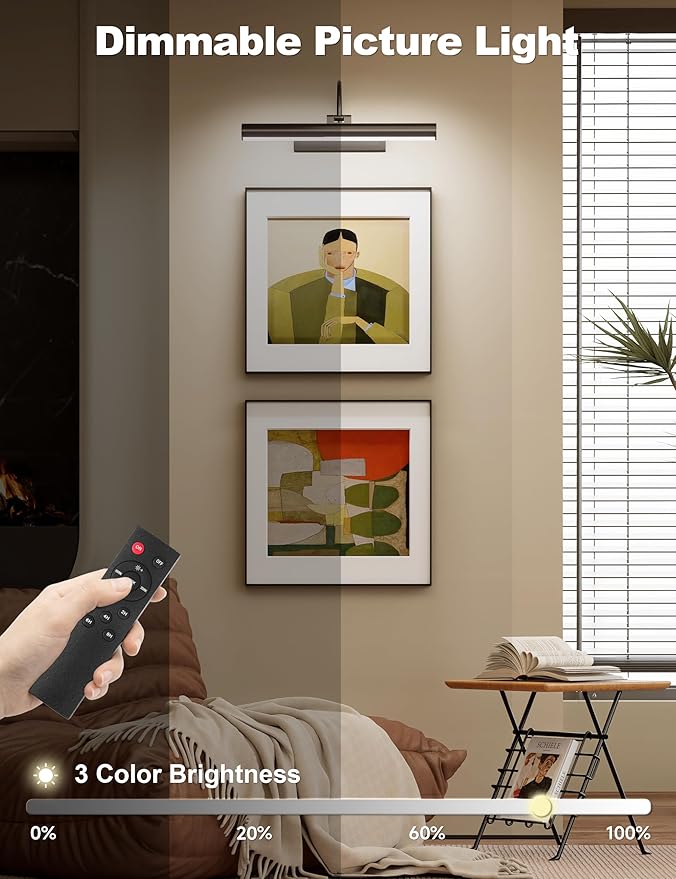 Bridika Picture Light for Wall with Remote, Rechargeable Battery Operated Picture Light, 3 Color Modes and Dimmable Classic Art Lights for Paintings, Gallery, Bedroom, Bathroom with Timer Black 2