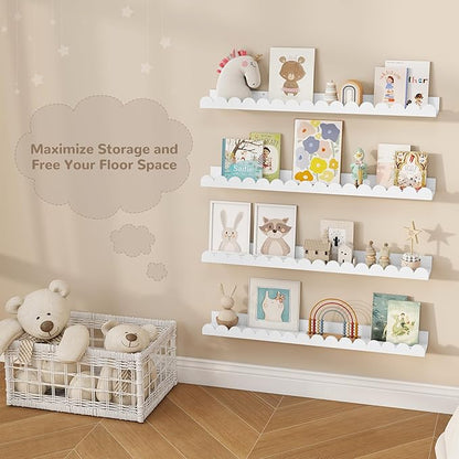 Fun Memories 32 Inch White Floating Shelf, Scalloped Picture Ledge for Nursery, Set of 4, Wall Mounted Book Shelves for Kids Room, Toddler Room
