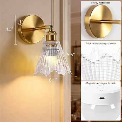 Vintage Battery Operated Wall Sconce with Transparent Crystal Grid Glass Lampshade Rechargeable Battery Powered Wall Light with Remote Control for Bedside Bedroom Bathroom, Set of 2