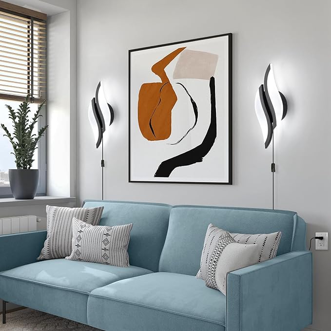 CANEOE Plug in Wall Sconces Set of Two 6000K Black Modern LED Wall Light Fixtures Acrylic Wall Sconce Lighting for Living Room Bedroom Bedside Bathroom Hallway Stairway Wall Lamp