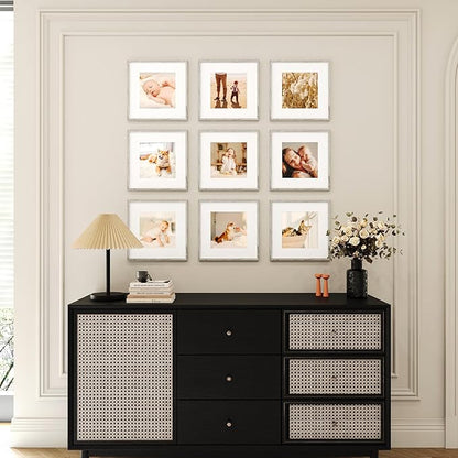12x12 Picture Frame Set of 9, Display Pictures 8x8 with Mat or 12x12 without Mat, Multi Collage Gallery Square Photo Frames for Wall or Tabletop, Distressed Gray