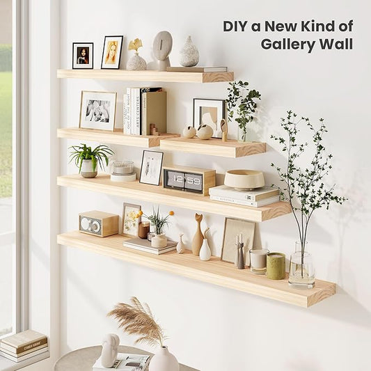 Fun Memories Wood Floating Shelves Set of 2, Rustic Pine Wood Floating Shelves for Wall Mounting, Wide Wall Shelf for Home Decor and Storage, 36" W x 7" D, Natural Unfinished, DIY Stain