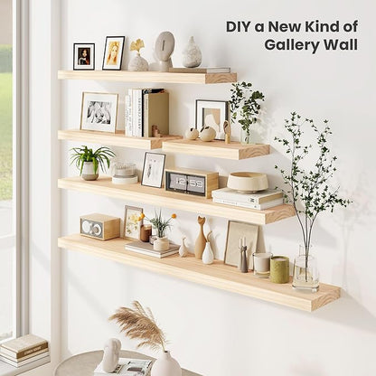 Fun Memories Wood Floating Shelves Set of 2, Rustic Pine Wood Floating Shelves for Wall Mounting, Wide Wall Shelf for Home Decor and Storage, 24" W x 7" D, Natural Unfinished, DIY Stain