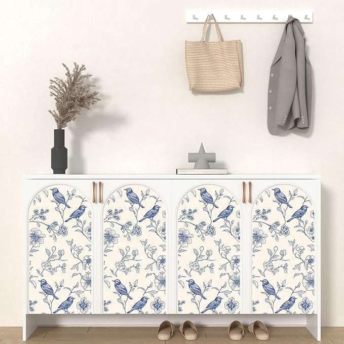 Beige Wallpaper Peel and Stick Blue Floral Bird Vintage Contact Paper 17.5