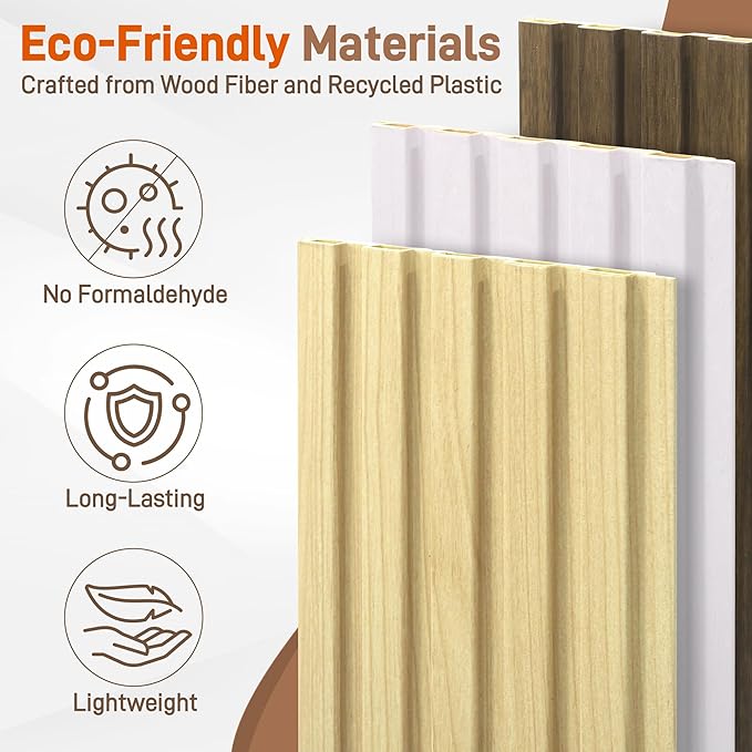 WPC Wainscoting Panels, 16 Packs 54 x 6 Inch 3D Wall Panels for Interior Wall Decor, Living Room, Bedroom, TV Background, Accent Slat Wall Paneling, Light Walnut