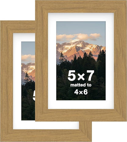 FrameWorks 2-Pack, 5x7 Matted to 4x6 Picture Frame, Golden Oak – Classic Wooden Photo Frame with Tempered Glass, Modern Matte Finish for Prints, Posters, Certificates & Wall Decor – Gallery-Ready