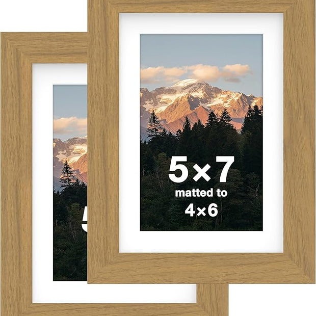 FrameWorks 2-Pack, 5x7 Matted to 4x6 Picture Frame, Golden Oak – Classic Wooden Photo Frame with Tempered Glass, Modern Matte Finish for Prints, Posters, Certificates & Wall Decor – Gallery-Ready