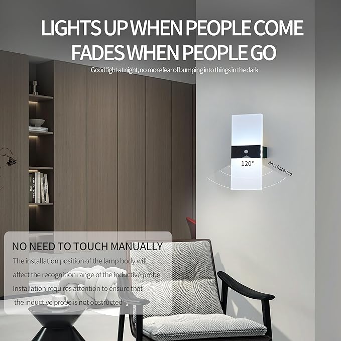 LED Wall Sconces 2Pack,2200mah Battery Operated Magnetic Wireless Wall Lamp, Motion Sensor Modern dimmable Wall Light with Button Switch for Bedroom Living Room Hallway