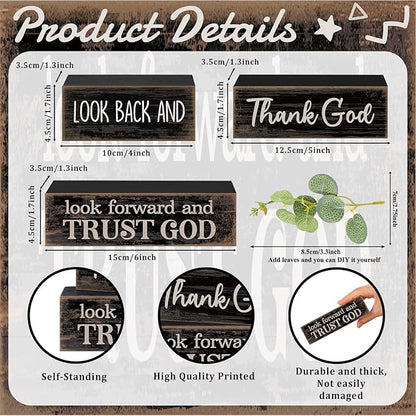 4 Pcs Christian Table Decor Inspirational Gifts for Women Look Back and Thank God Look Forward and Trust God Wooden Block Signs Farmhouse Christian Centerpiece for Mother's Day Home Office