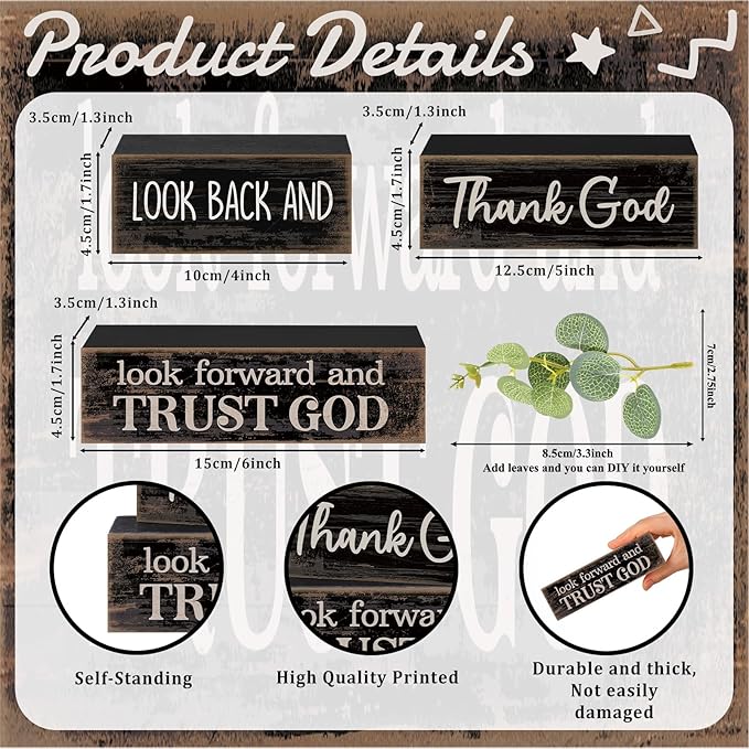 4 Pcs Christian Table Decor Inspirational Gifts for Women Look Back and Thank God Look Forward and Trust God Wooden Block Signs Farmhouse Christian Centerpiece for Mother's Day Home Office