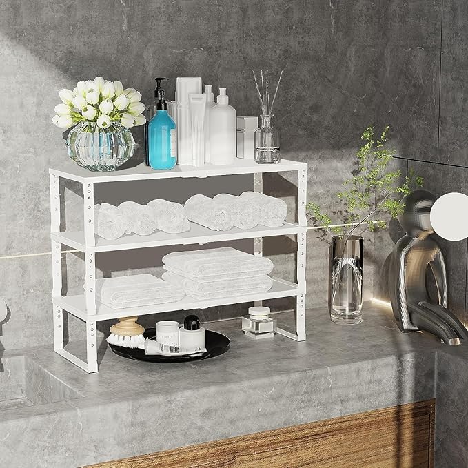 Expandable Cabinet Shelf Organizer Storage Spice Rack Shelves for Kitchen Stackable Adjustable Pantry Cupboard Bathroom Countertop Desktop(2Packs/White/Medium)