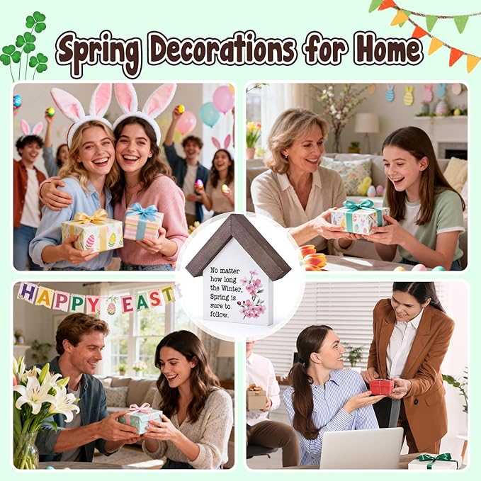 MBL Spring Decorations for Home Office - Wood Spring Inspirational Gifts Easter Basket Stuffers Essentials Farmhouse Rustic Table House Bedroom Living Room Tiered Tray Decor for Women Men Coworkers
