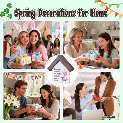 MBL Spring Decorations for Home Office - Wood Spring Inspirational Gifts Easter Basket Stuffers Essentials Farmhouse Rustic Table House Bedroom Living Room Tiered Tray Decor for Women Men Coworkers