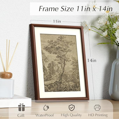 InSimSea Brown Framed Pastoral Tree Wall Art, Vintage Rustic Farmhouse Cottage Landscape Sketch Painting decor for Living Room Study Library Shelf,11x14in, with Acrylic Panel, Canvas Prints Picture