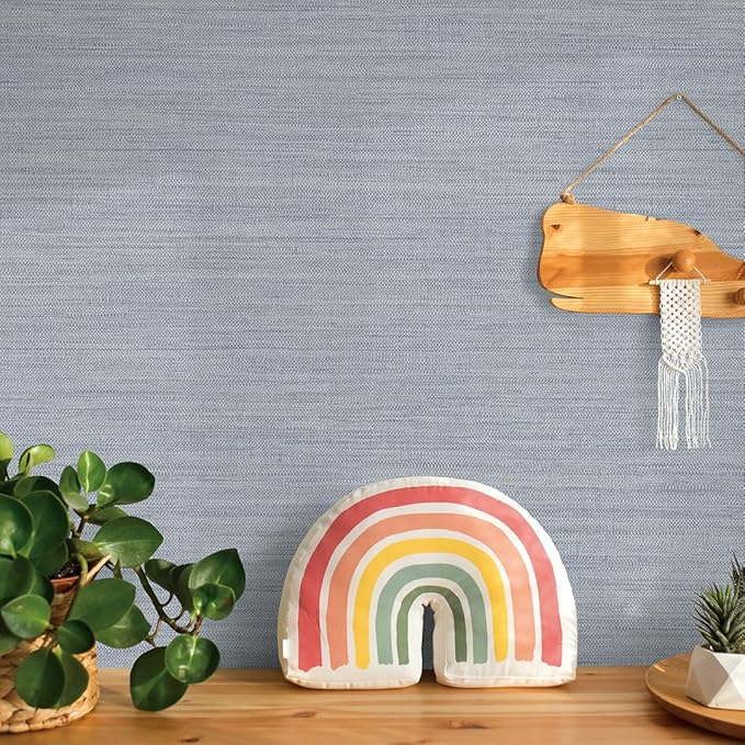 Tempaper Textured Powder Blue Horizontal Faux Grasscloth Removable Peel and Stick Wallpaper, 20.5 in X 16.5 ft, Made in The USA