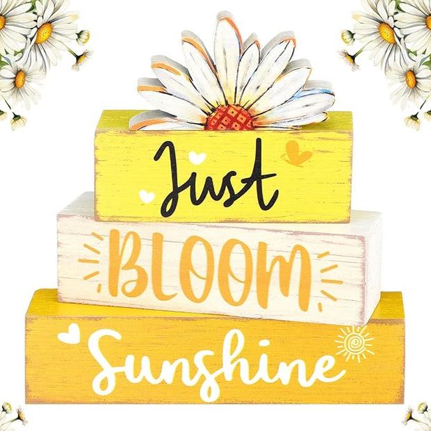 Amyhill Spring Table Decor Hello Sunshine Wooden Block Sign Farmhouse Just Bloom Spring Tiered Tray Decor Rustic Table Centerpieces Summer Decorations for Home Desk Shelf Mantle Office Decorations