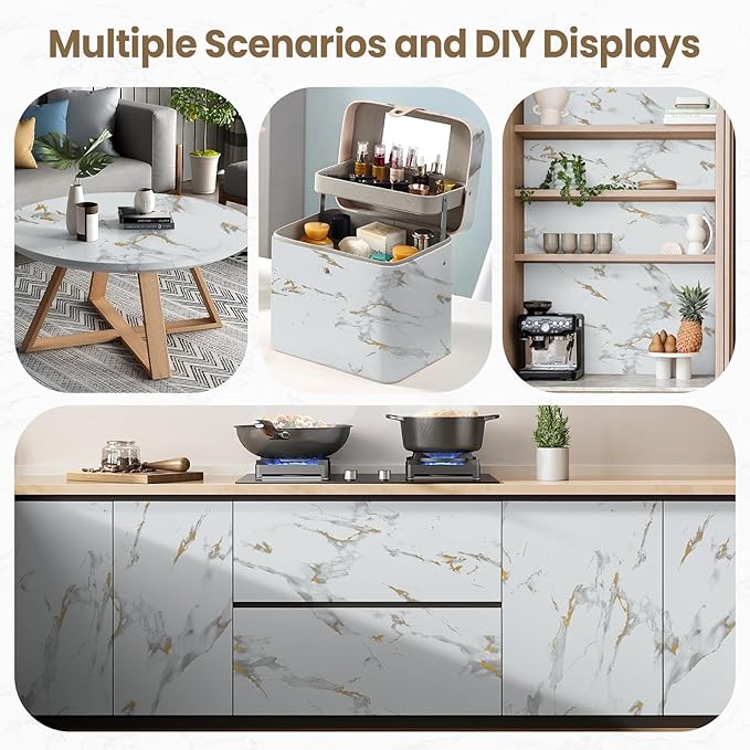 practicalWs Glossy Marble Wallpaper Peel and Stick White/Gold Granite Contact Paper Removable Wall Paper for Kitchen Countertop Cabinet Furniture 35.4" x 118"