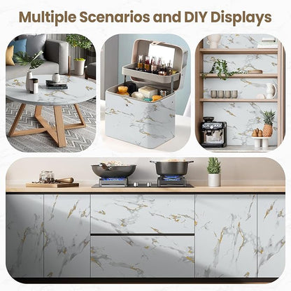 practicalWs Glossy Marble Wallpaper Peel and Stick White/Gold Granite Contact Paper Removable Wall Paper for Kitchen Countertop Cabinet Furniture 35.4" x 118"