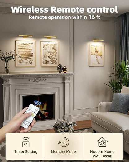 EZVALO Picture Light for Wall, Rechargeable 2400mAh Battery Lights Wireless Remote, 3 Color & Dimmable Magnetic 7.87'' LED Lights Display for Painting, Living Room, Gallery, Bedroom(Gold-3P)