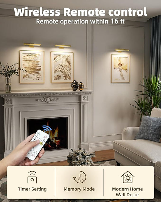 EZVALO Picture Light for Wall, Rechargeable 2400mAh Battery Lights Wireless Remote, 3 Color & Dimmable Magnetic 7.87'' LED Lights Display for Painting, Living Room, Gallery, Bedroom(Gold-3P)