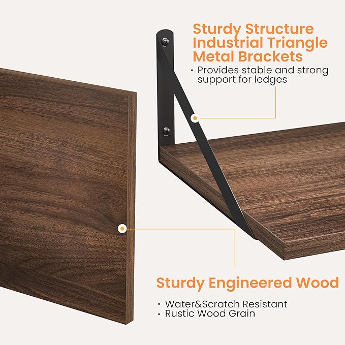 Heimlove 12 Inch Deep Floating Shelves for Wall, 16W x 12D Wood Wall Shelves Set of 2, Walnut Wide Floating Bookshelf for Living Room, Kitchen, Office, Bedroom, with Black Metal Bracke - Walnut